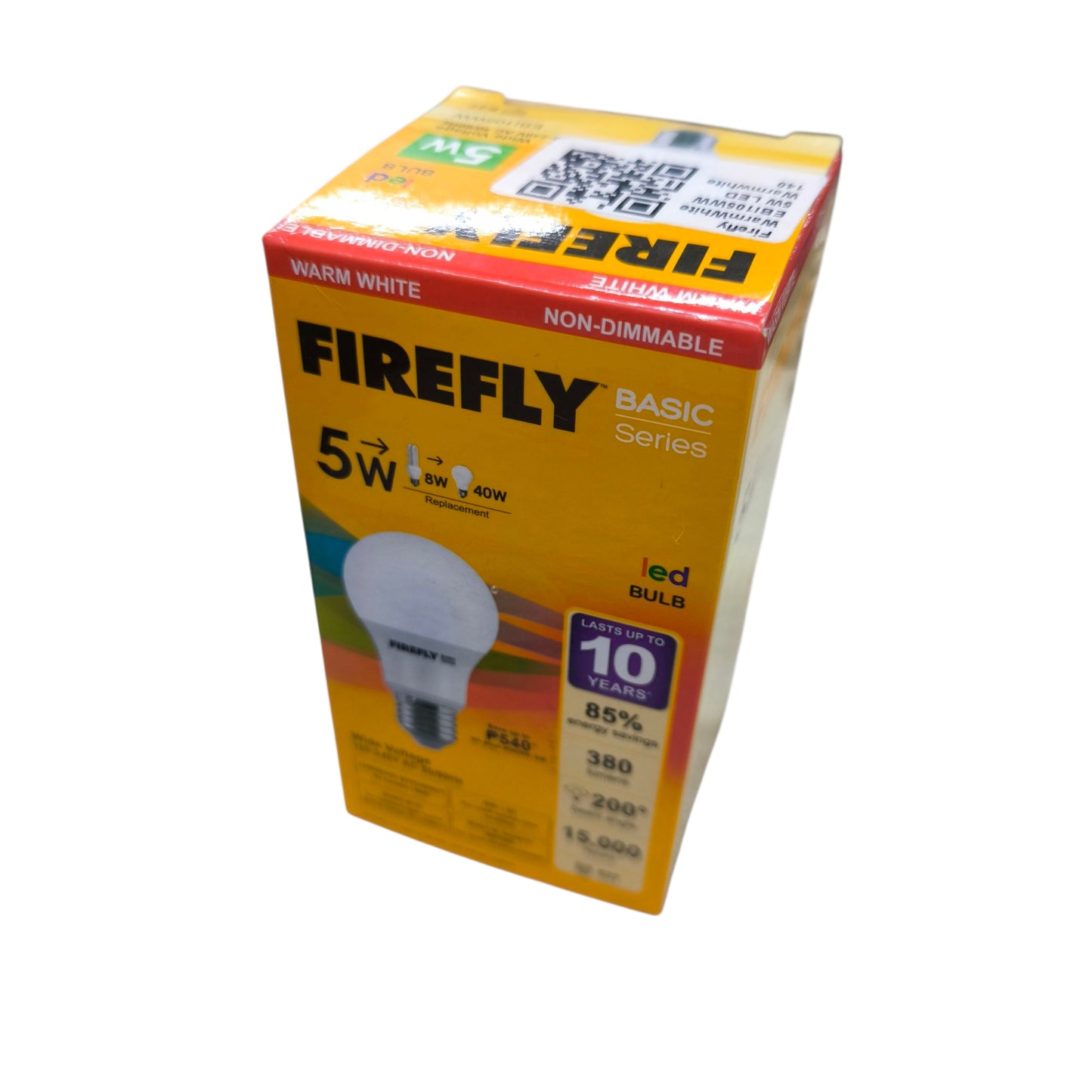 Firefly 5W LED lamp E27 warm white packaging showcasing energy-saving features and bright light output