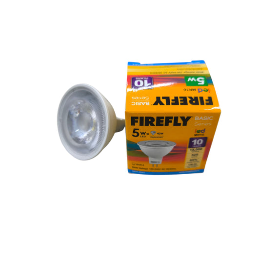 Firefly 5W MR-16 LED Daylight 6500K GU5.3 bulb next to its yellow retail box showing product branding and lens