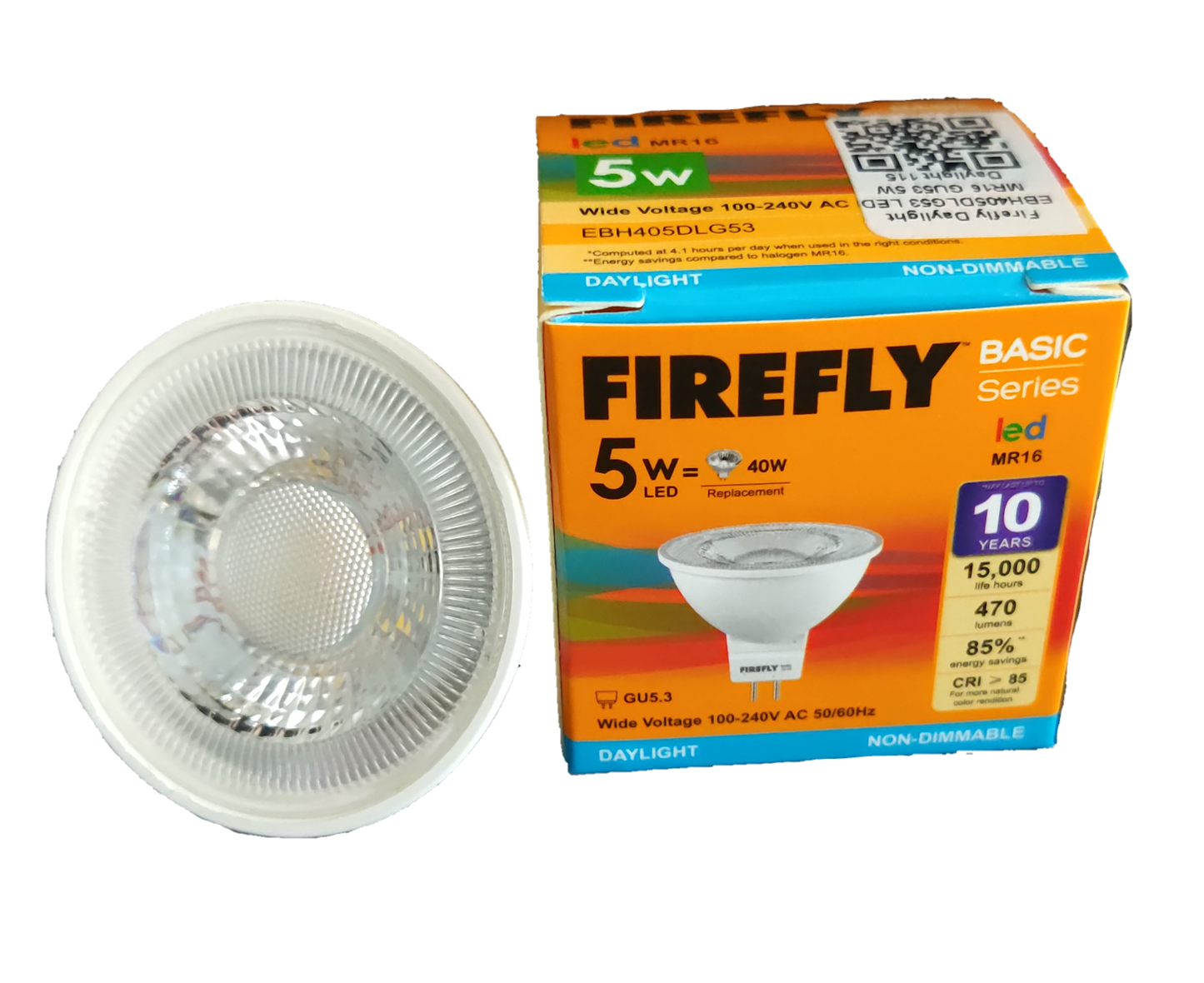 Firefly 5W MR-16 LED Daylight 6500K GU5.3 bulb and orange packaging showing basic series specifications