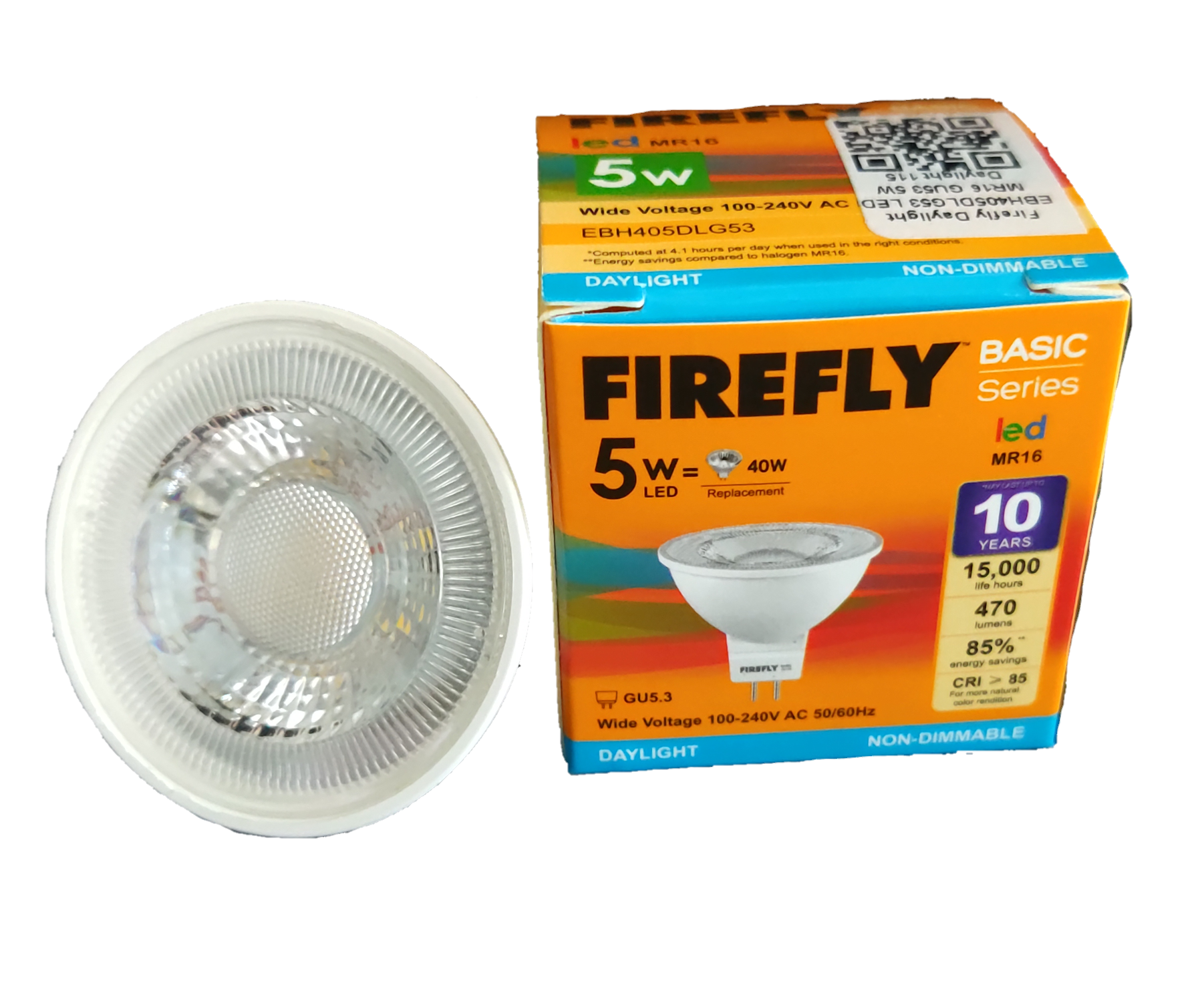 Firefly 5W MR-16 LED Daylight 6500K GU5.3 bulb and orange packaging showing basic series specifications
