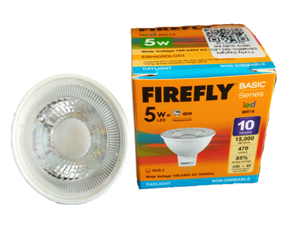 Firefly 5W MR-16 LED Daylight 6500K GU5.3 bulb and orange packaging showing basic series specifications