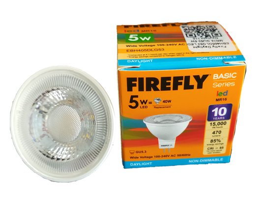 Firefly 5W MR-16 LED Daylight 6500K GU5.3 bulb and orange packaging showing basic series specifications