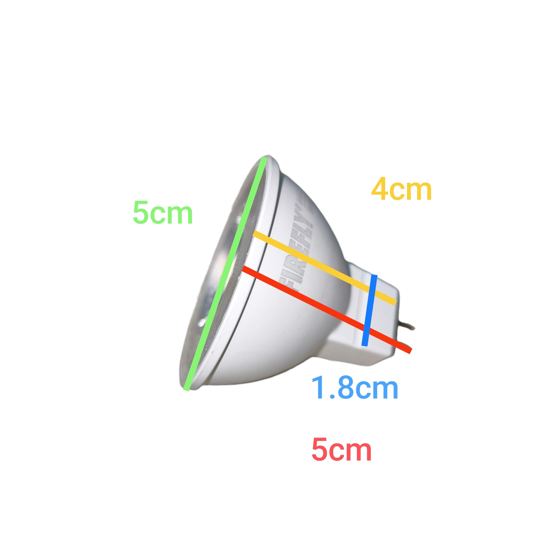 Firefly 5W MR-16 LED Daylight 6500K GU5.3 bulb side view with dimension markings showing 5cm 4cm and 1.8cm