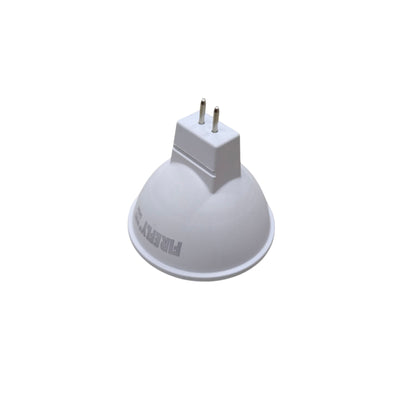 Firefly 5W MR-16 LED Daylight 6500K GU5.3 white reflector bulb with two pin base angled view