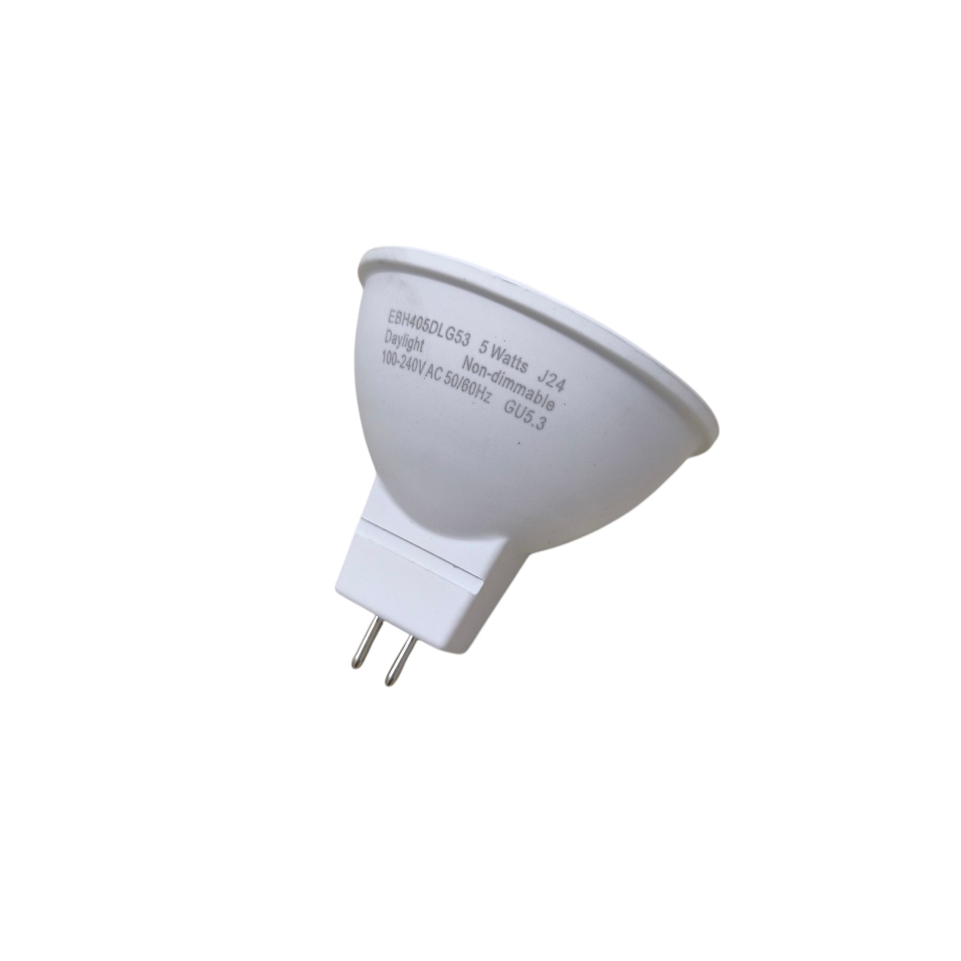 Firefly 5W MR-16 LED Daylight 6500K GU5.3 white reflector bulb angled showing two-pin base
