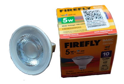 Firefly 5W MR-16 LED Warm White 3000K bulb beside product box showing bulb face and packaging details