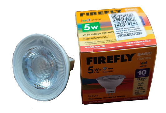 Firefly 5W MR-16 LED Warm White 3000K bulb beside product box showing bulb face and packaging details