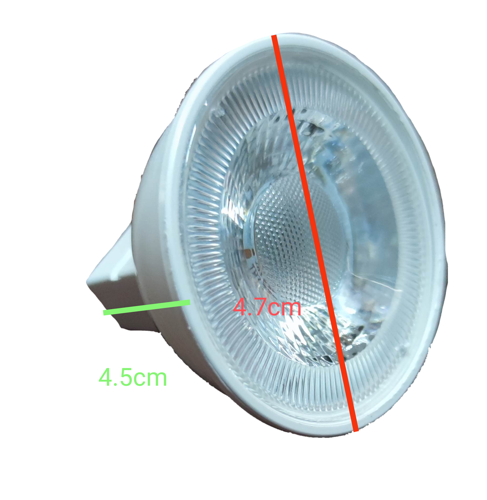 Firefly 5W MR-16 LED Warm White 3000K spotlight bulb angled view showing measured diameters 4.7cm and 4.5cm