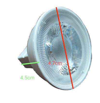 Firefly 5W MR-16 LED Warm White 3000K spotlight bulb angled view showing measured diameters 4.7cm and 4.5cm