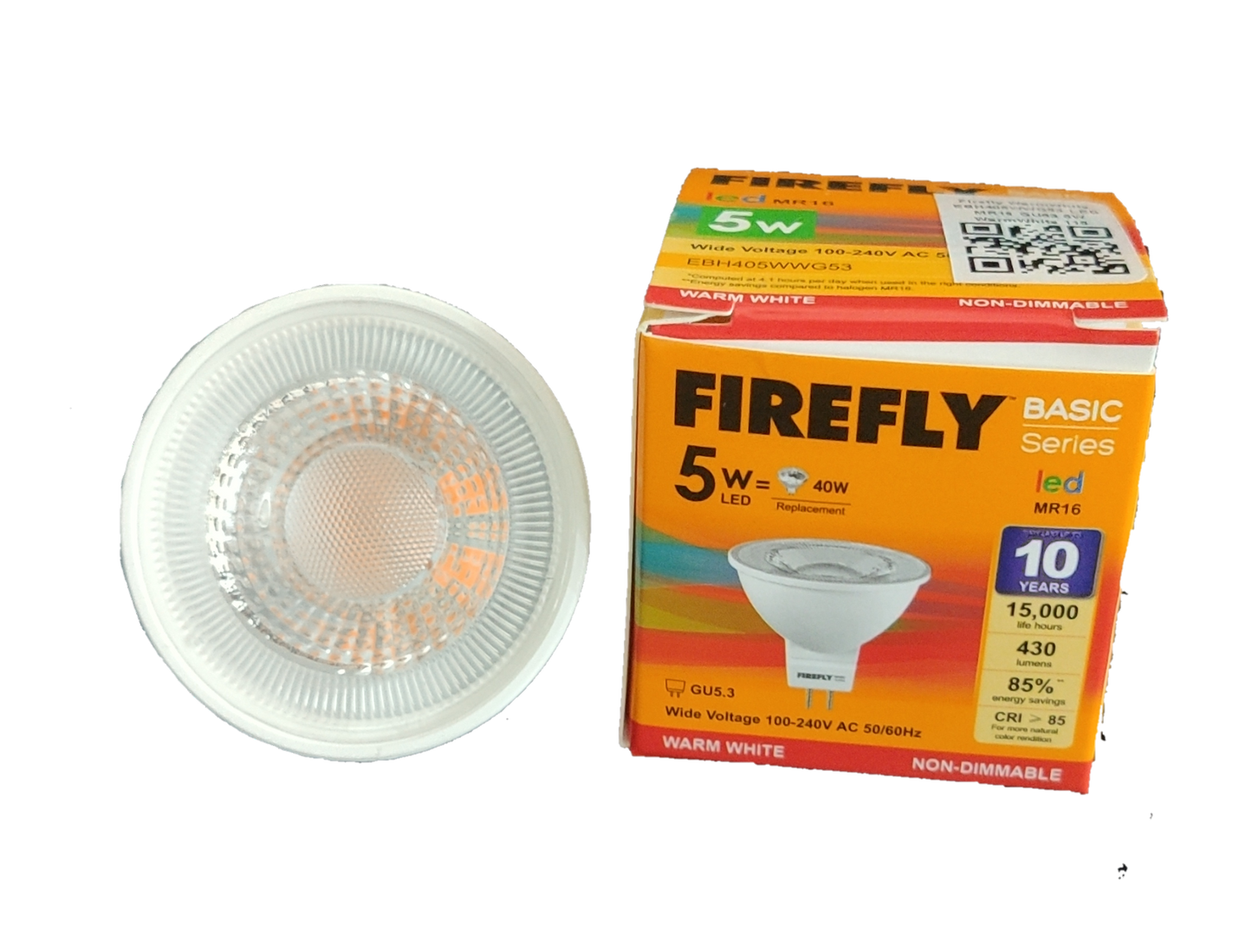 Firefly 5W MR-16 LED Warm White 3000K reflector bulb displayed next to its orange Firefly packaging box