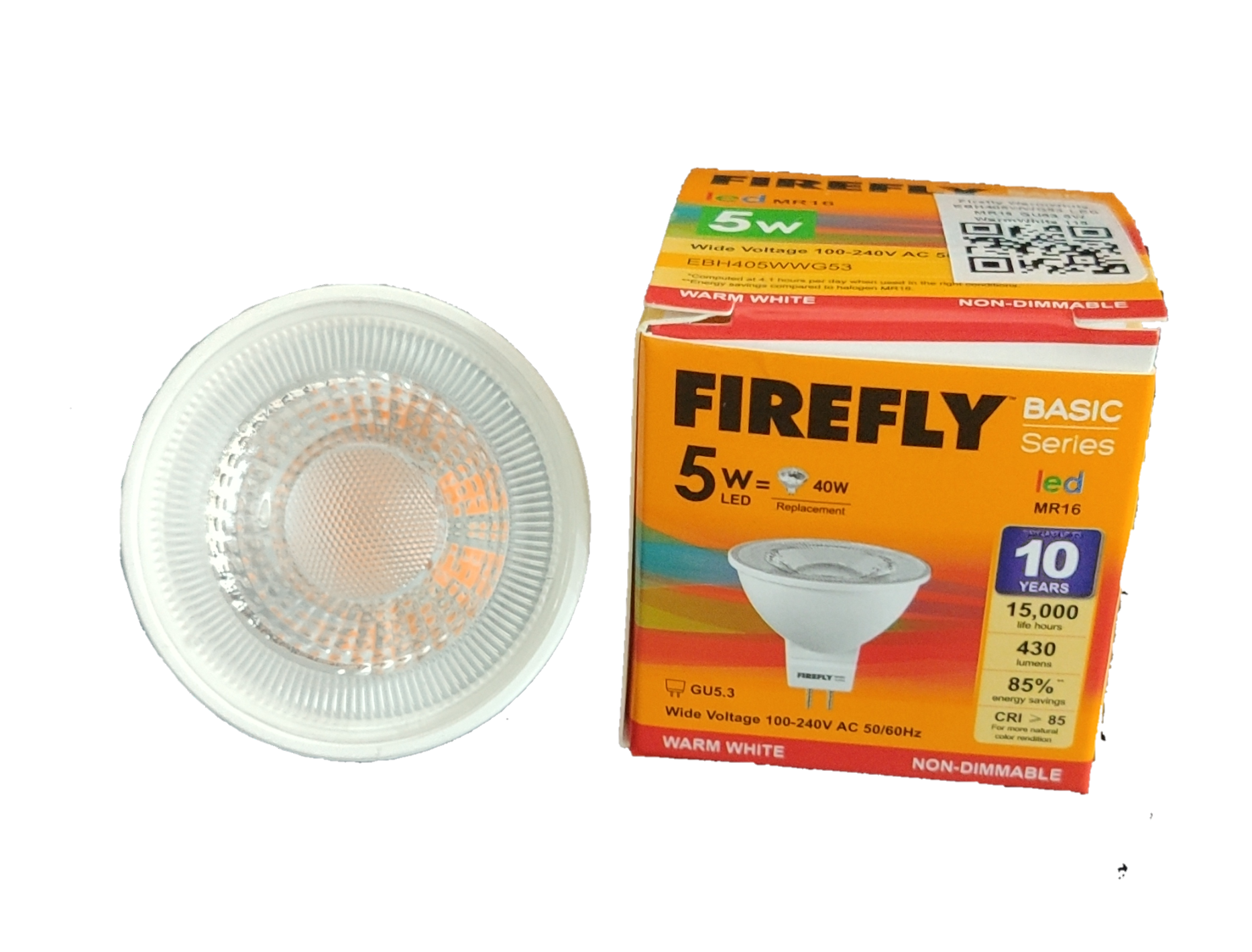 Firefly 5W MR-16 LED Warm White 3000K reflector bulb displayed next to its orange Firefly packaging box