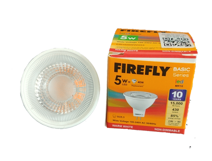 Firefly 5W MR-16 LED Warm White 3000K reflector bulb displayed next to its orange Firefly packaging box