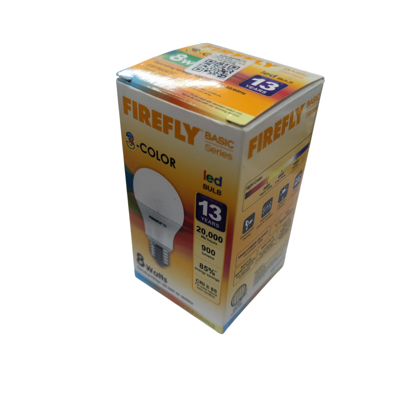 Firefly 8W tri color LED bulb packaging showcasing energy efficiency and long lifespan