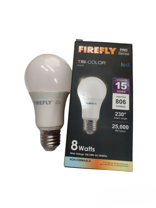 firefly 8W tri color LED bulb with packaging showing 806 lumens and 230 degree beam angle