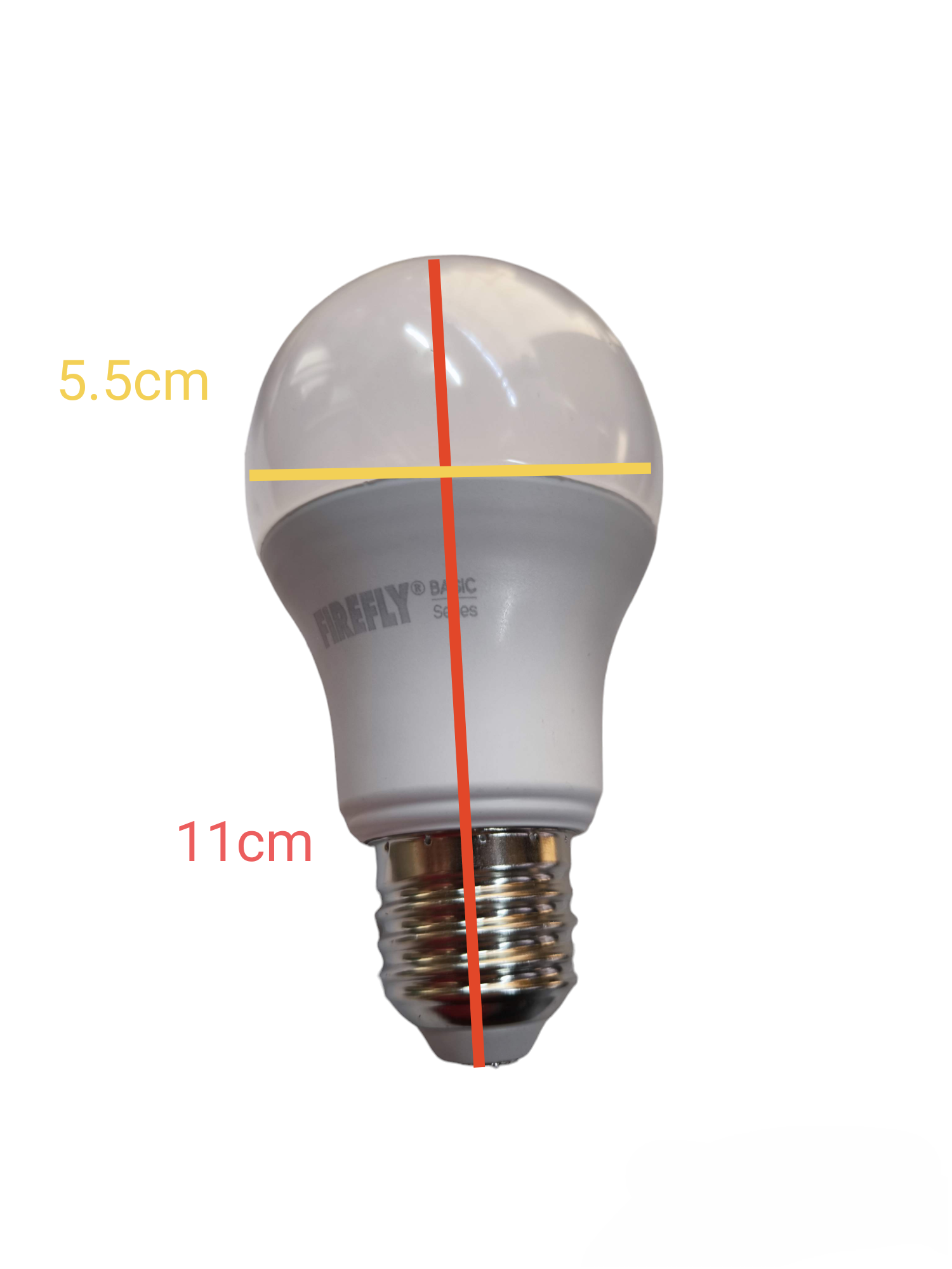 Firefly 8W tri color LED bulb with frosted top and standard screw base measuring 11 cm tall