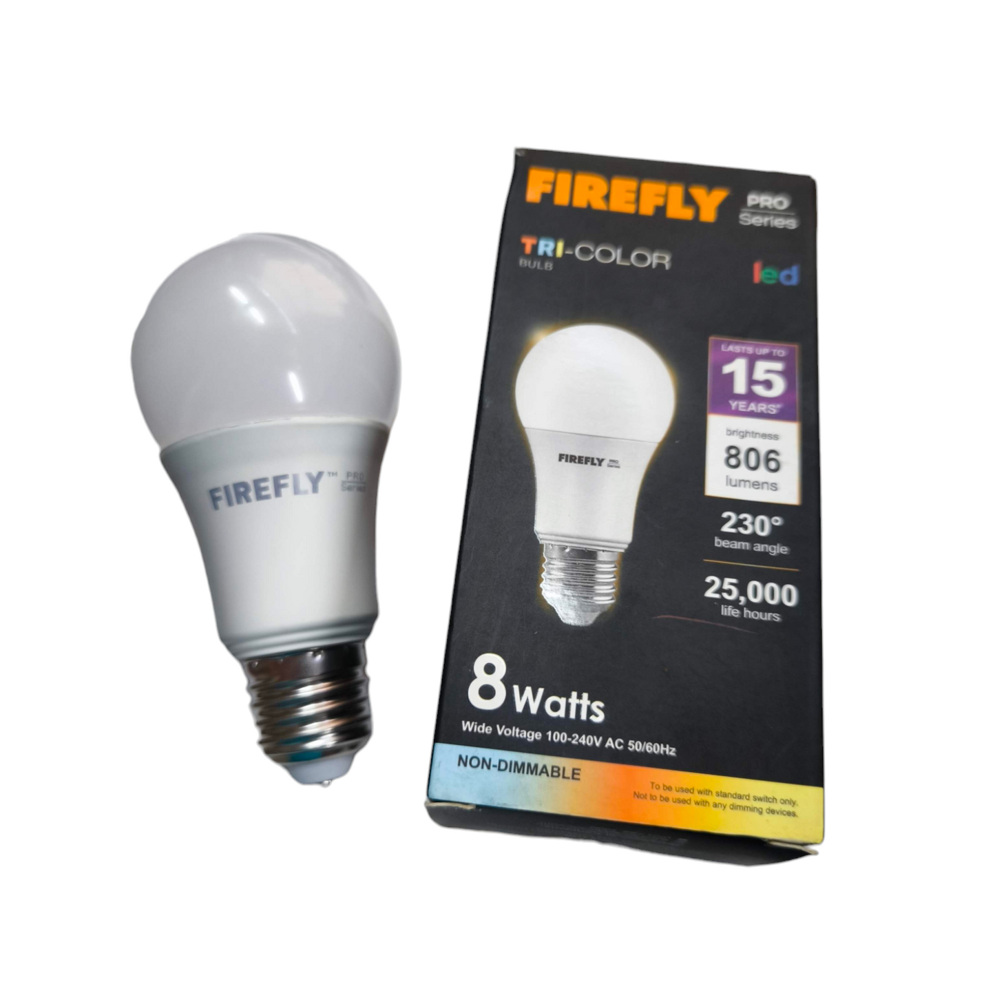 Firefly 8W tri color LED bulb in packaging showcasing energy efficiency and brightness features
