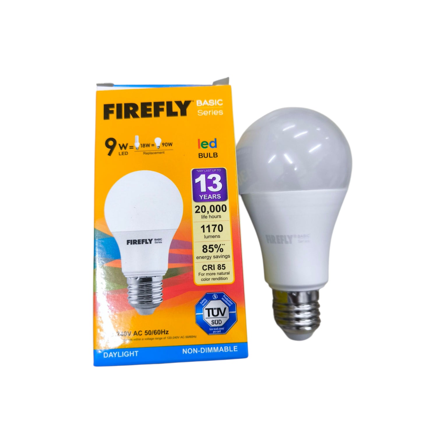 Firefly 9W LED Bulb E27 220V in daylight color with 20,000 hour lifespan and 85% energy savings