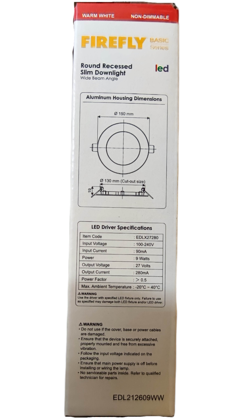 Firefly 9W LED round recessed downlight package with specifications and dimensions for ceiling installation