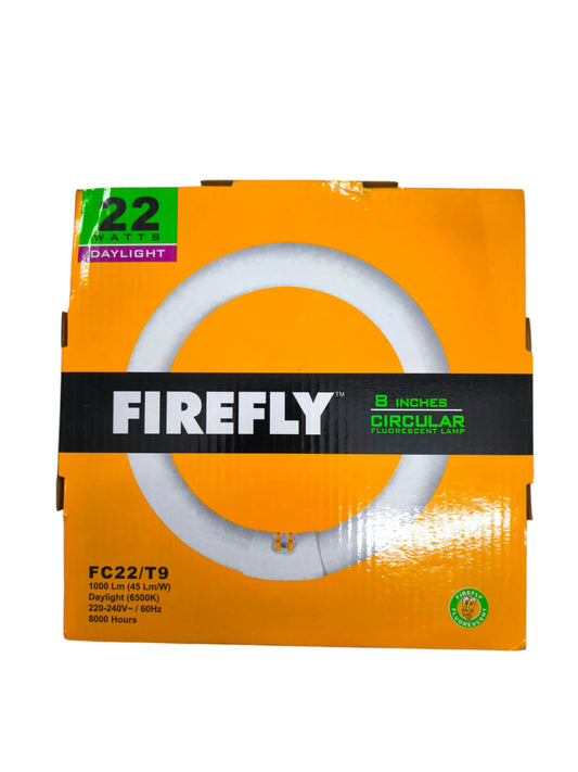Firefly Compact Fluorescent Bulbs box showing Circular Lamp 22W  6500K Daylight ring bulb on orange packaging