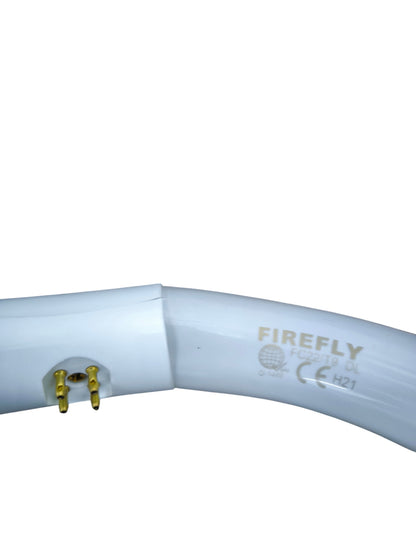 Firefly Circular Lamp 22W  6500K Daylight white circular fluorescent bulb close up showing gold pins and logo