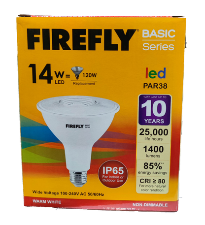 Firefly 14W LED PAR 38 E27 warm white flood bulb in retail box showing 1400 lumens IP65 25000 hour life