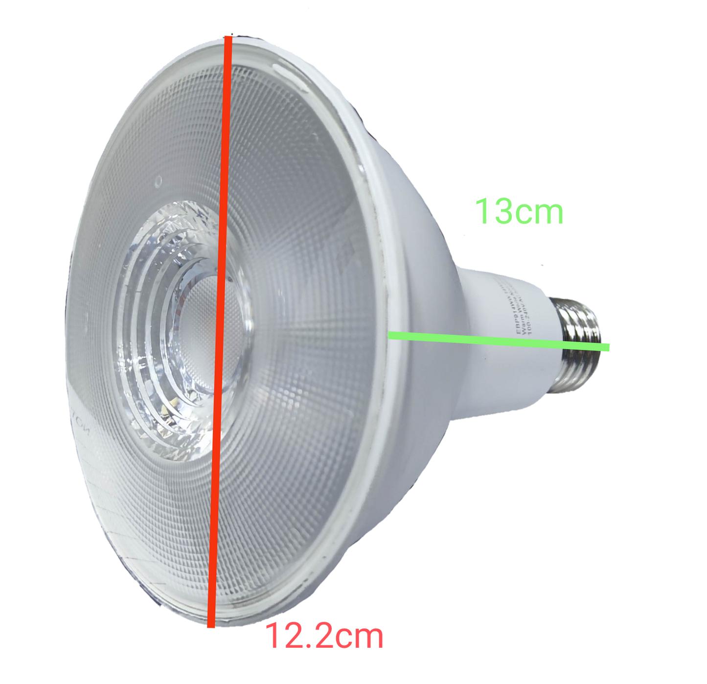 Firefly 14W LED PAR 38 E27 white reflector bulb with textured lens and E27 screw base showing 13 cm depth and 12.2 cm diameter