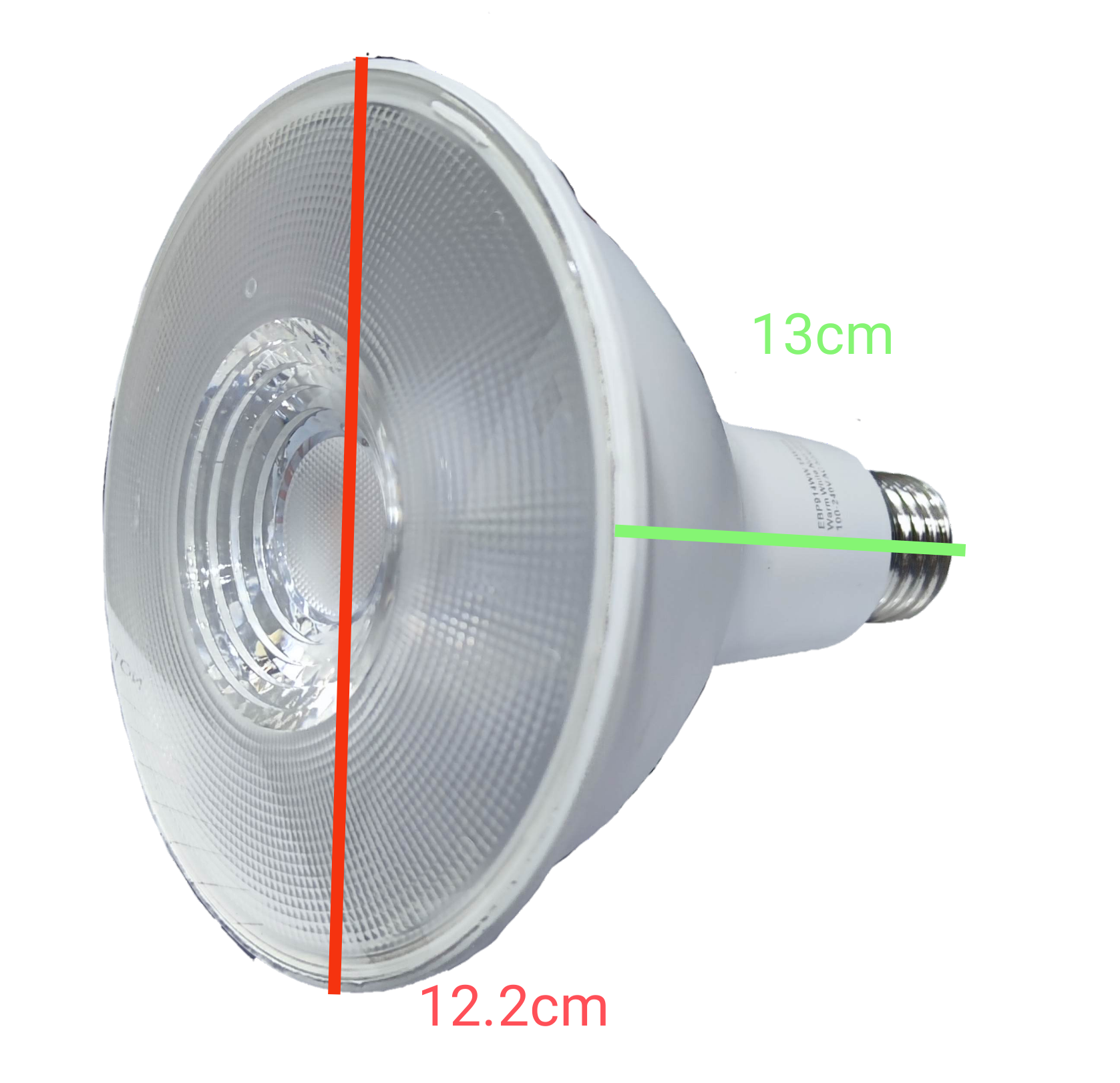 Firefly 14W LED PAR 38 E27 white reflector bulb with textured lens and E27 screw base showing 13 cm depth and 12.2 cm diameter