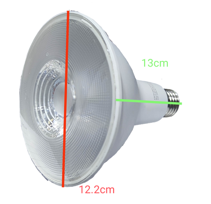 Firefly 14W LED PAR 38 E27 white reflector bulb with textured lens and E27 screw base showing 13 cm depth and 12.2 cm diameter