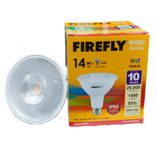 Firefly 14W LED PAR 38 E27 bulb beside yellow Firefly Basic Series box showing 14W 1400 lumens IP65