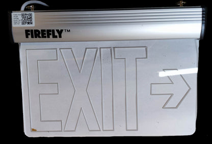 Firefly Acrylic LED Sign 220V white EXIT acrylic panel with right arrow and silver FIREFLY LED housing