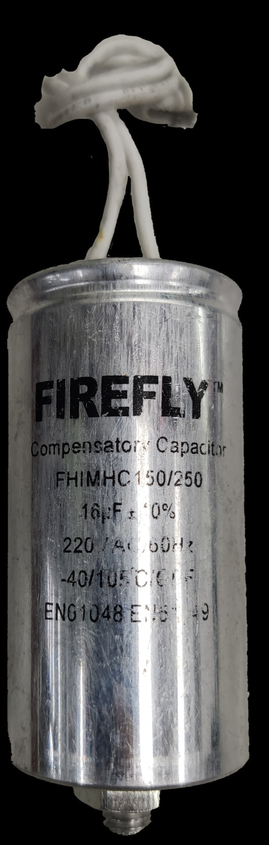 Firefly metal halide capacitor 16uf 220v with silver cylindrical body and white wires