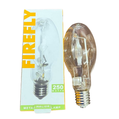 Firefly Metal Halide Lamp Elliptical 250W clear glass high intensity discharge bulb with screw base on black background