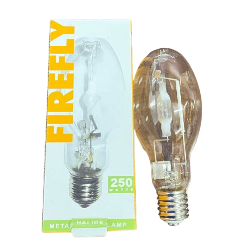 Firefly Metal Halide Lamp Elliptical 250W clear glass high intensity discharge bulb with screw base on black background