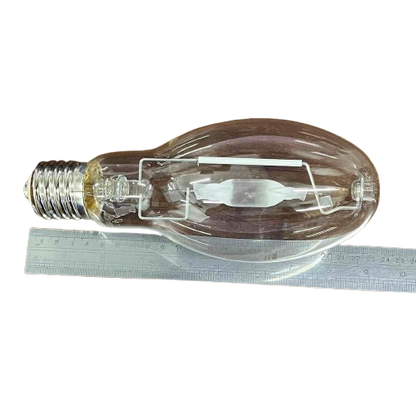 Firefly clear elliptical high intensity discharge bulb next to ruler Metal Halide Lamp Elliptical 250W