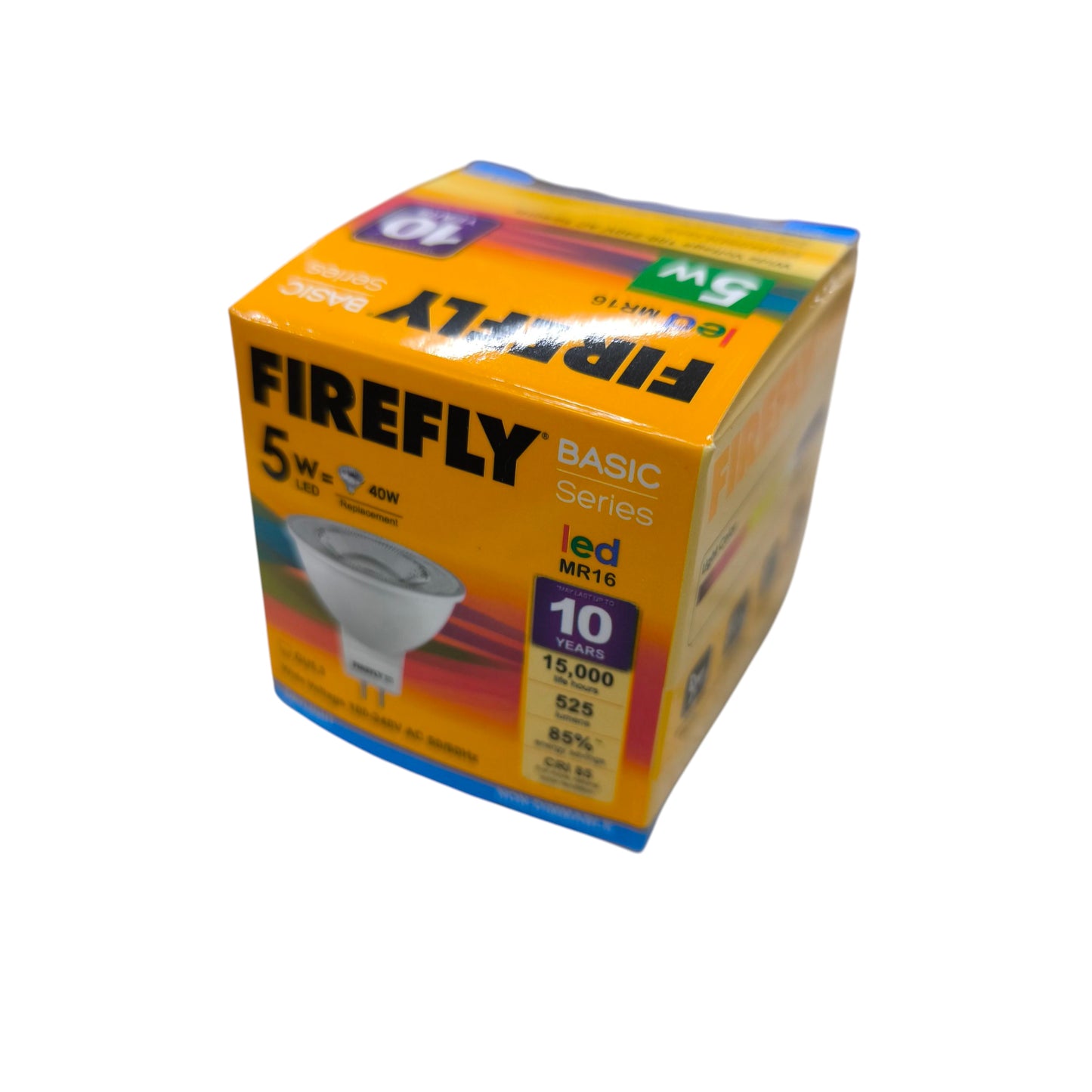 Firefly MR16 LED 5W Daylight 220V AC boxed bulb packaging showing yellow basic series box and product image