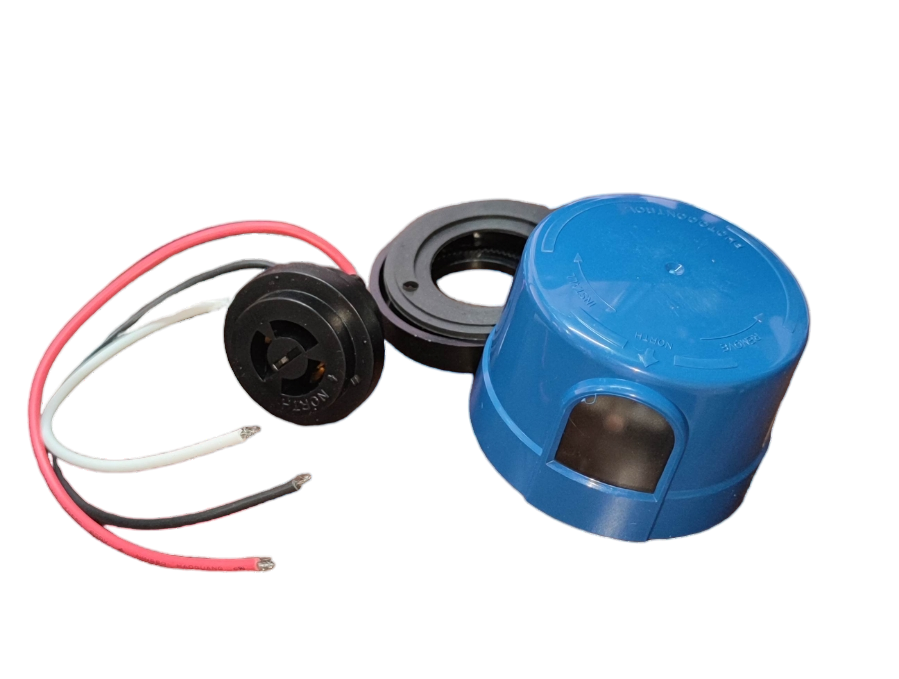 Firefly Photo Sensor Switch 10A 250V blue dome housing with black sensor module mounting ring and red white black wires