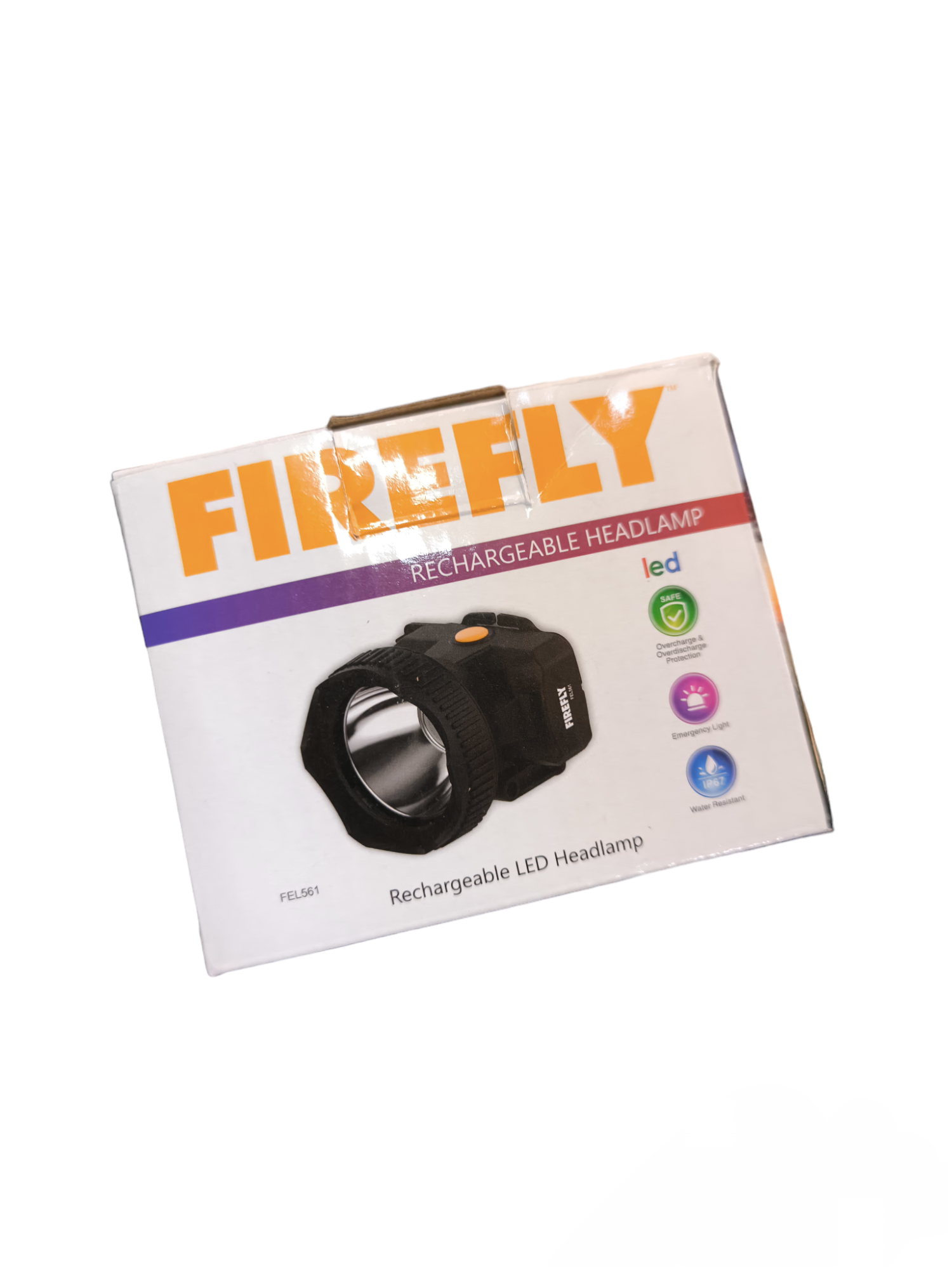 Firefly rechargeable head lamp with charger box packaging showing black LED headlamp