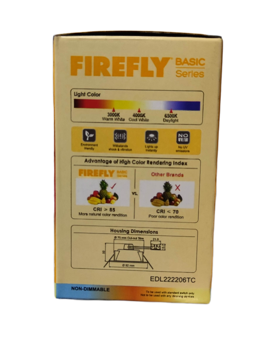 Firefly Basic Series Tri Color LED Downlight 9W 220V packaging showing light color options and features
