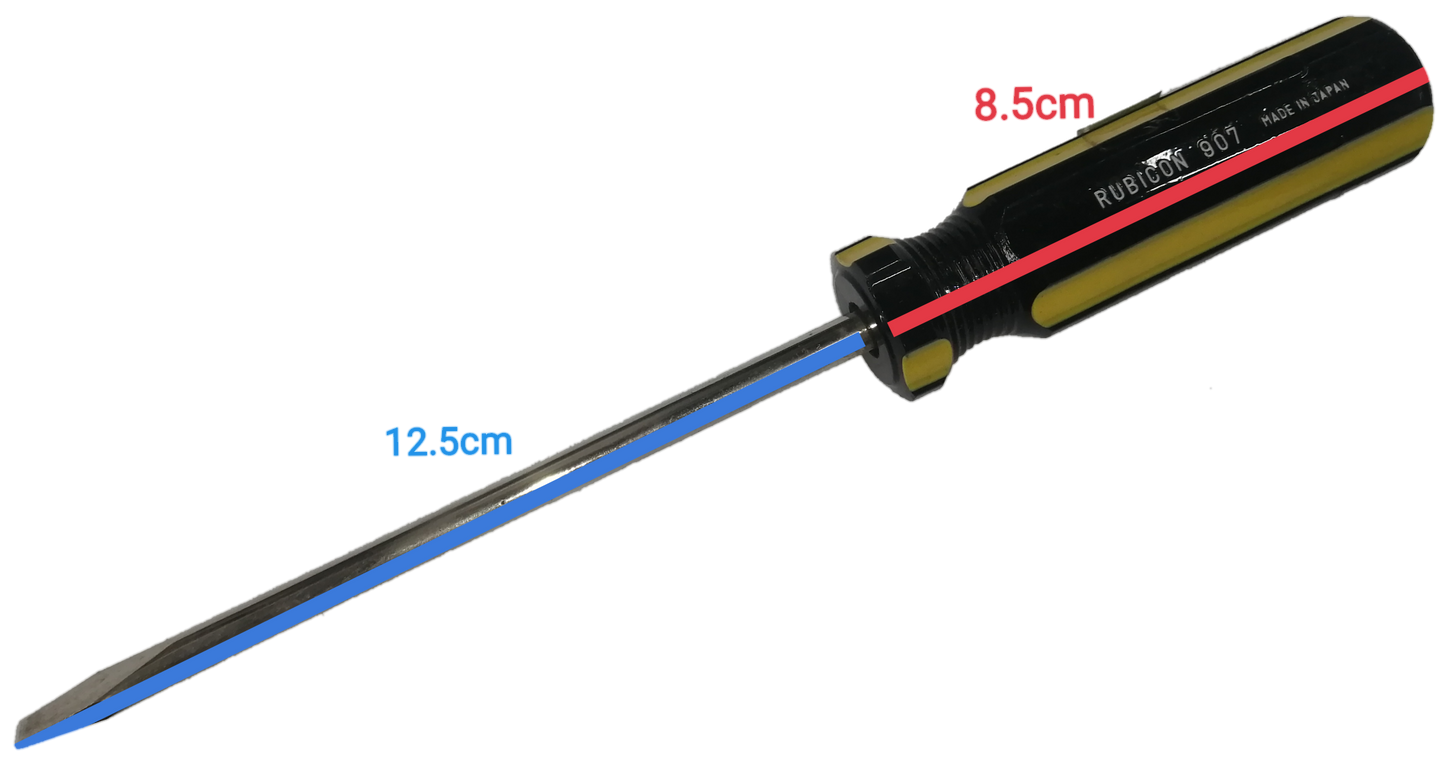Rubicon Flat Head Screw Driver 907 125mm with ergonomic black and yellow handle on black background