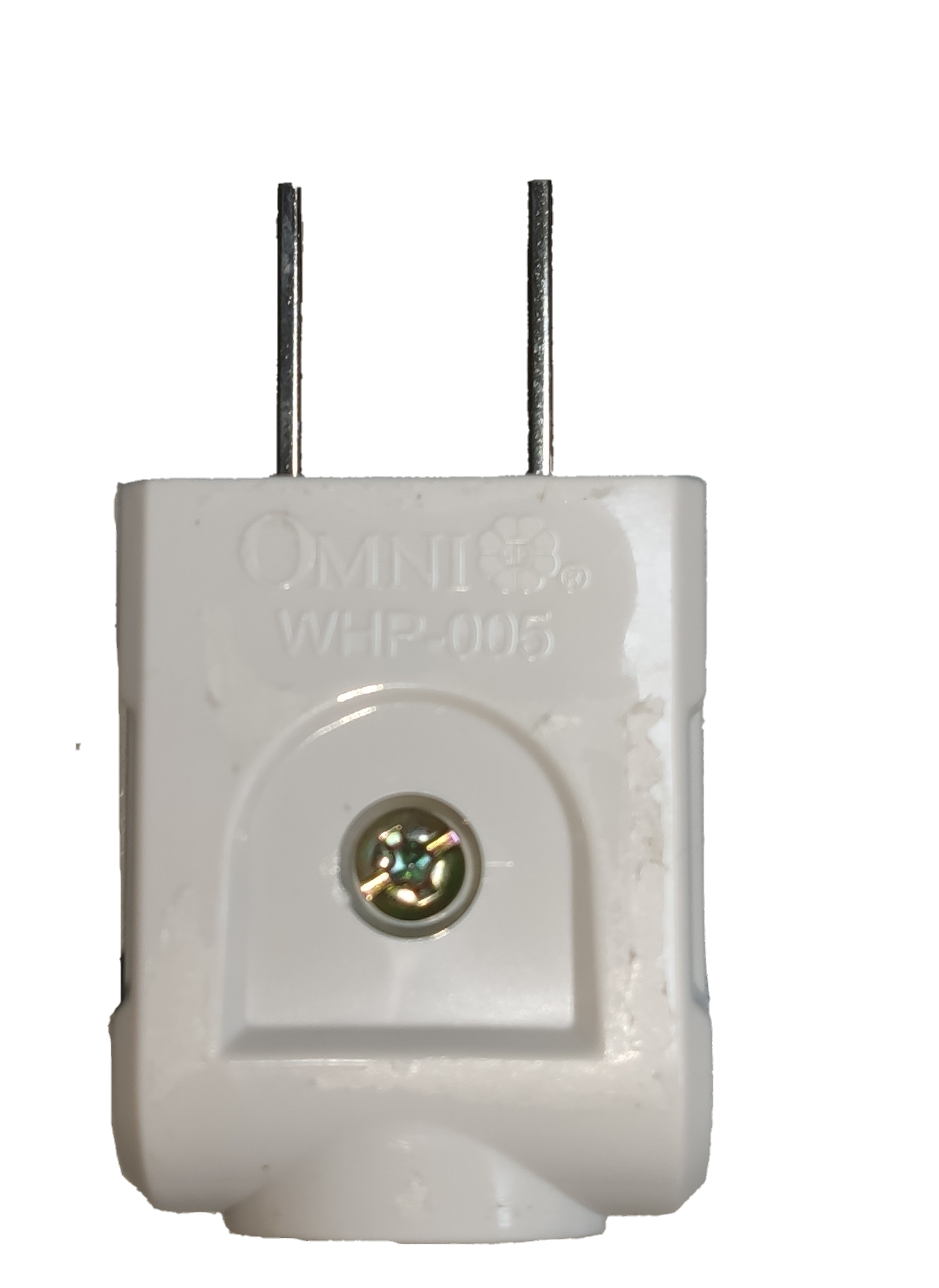 Omni 15A 250V flat pin electrical plug with durable white housing and secure grounding design.