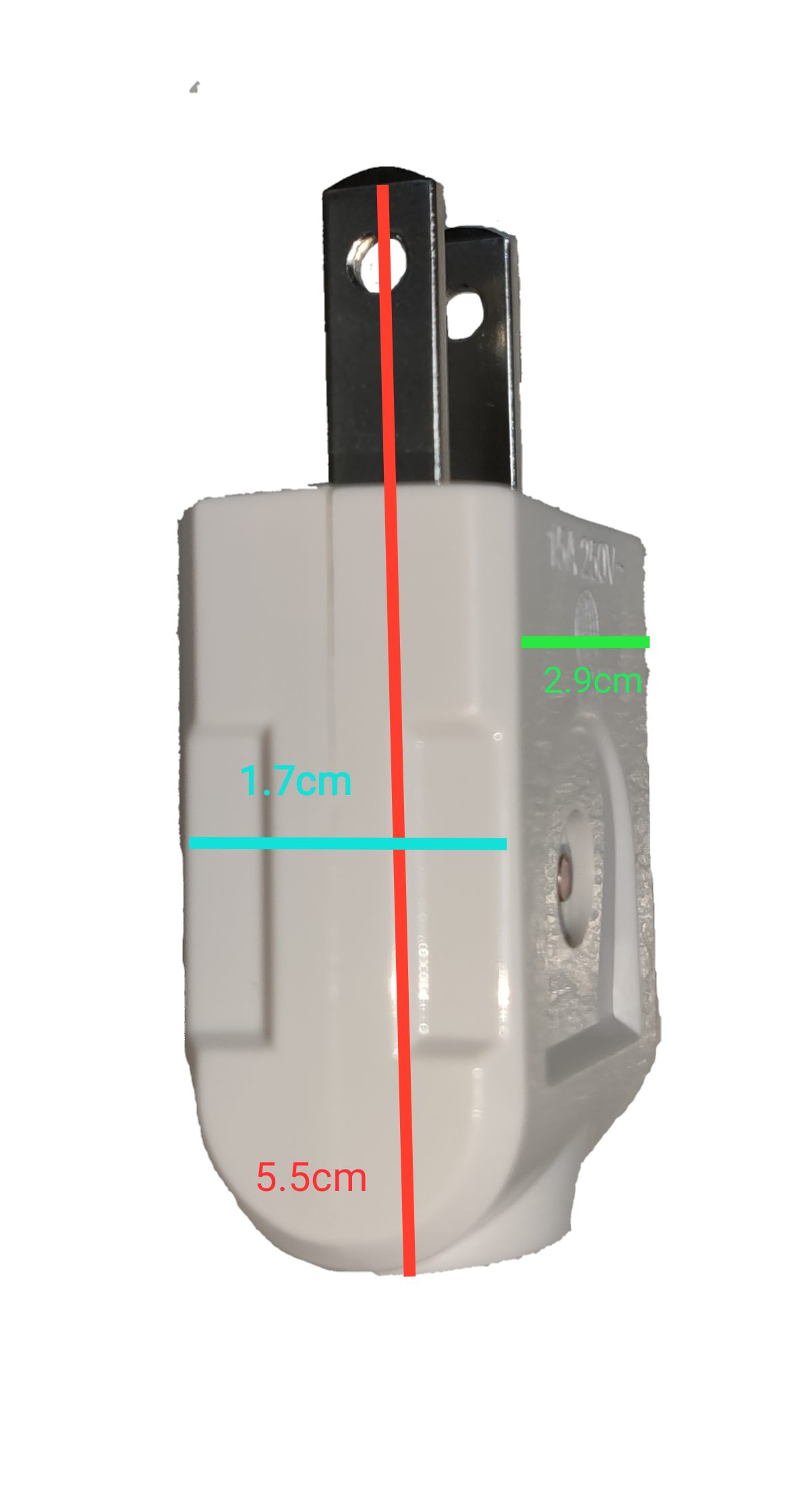 Omni 15A 250V flat pin electrical plug with measuring dimensions for easy installation