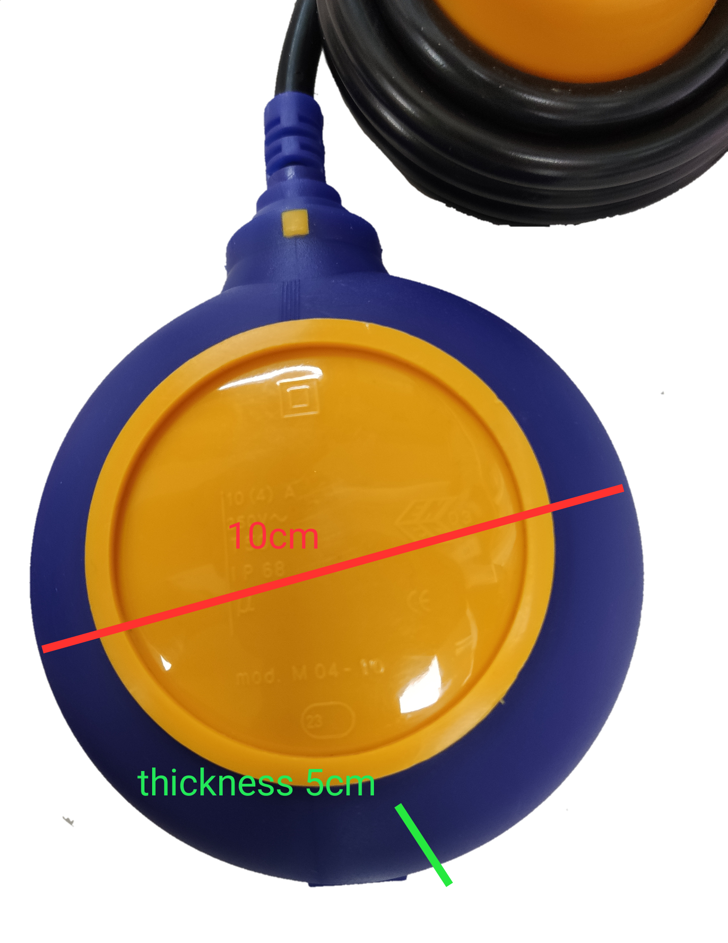 Grippes Float Switch - 5 Meters Liquid Controller in blue and yellow with cable coiled on black background