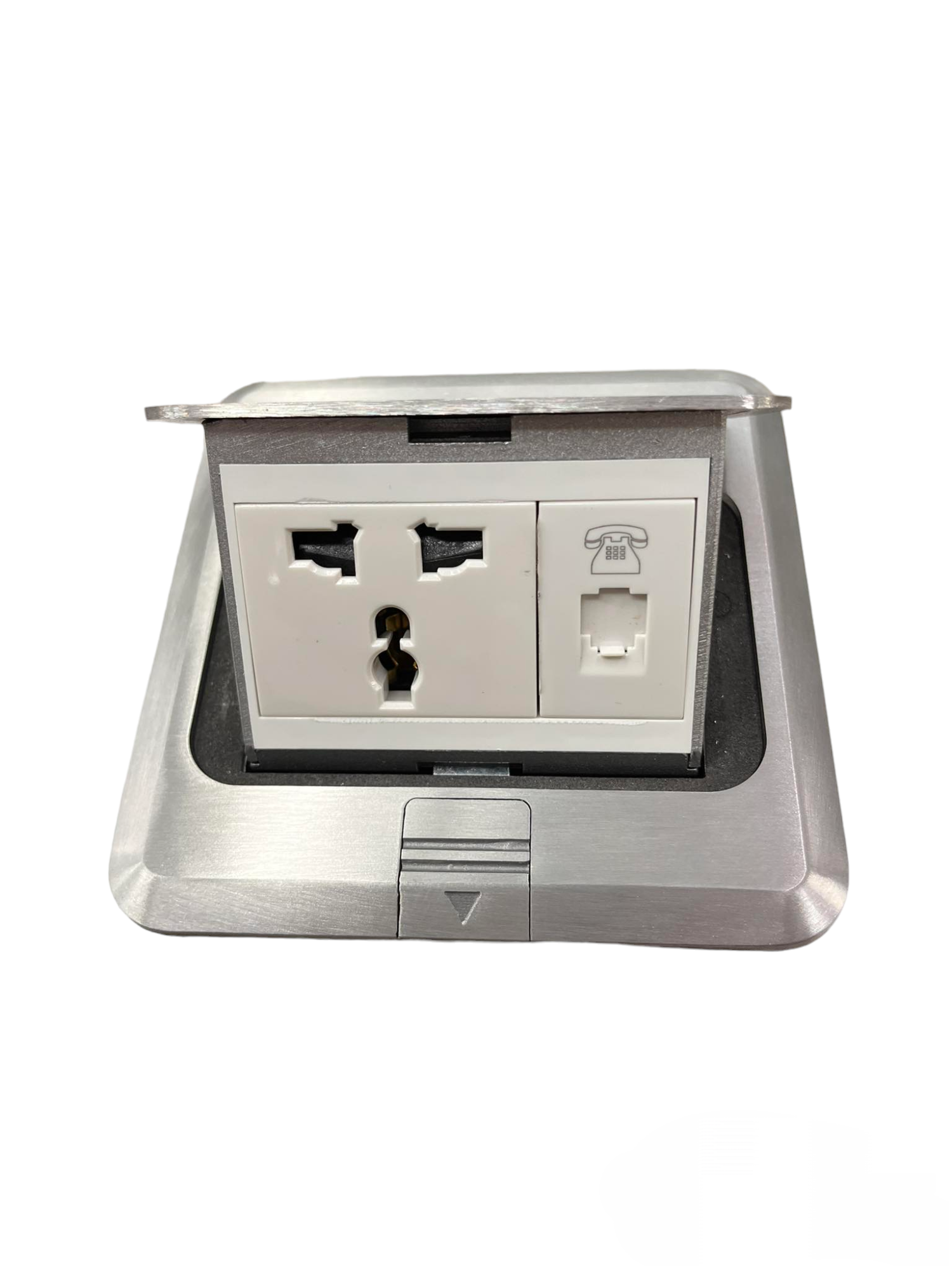 T&J Floor Universal Outlet with Telephone featuring universal power socket and telephone jack in stainless steel casing