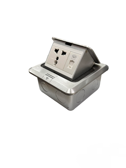 T&J Floor Universal Outlet with Telephone featuring a retractable metal cover and multiple socket types