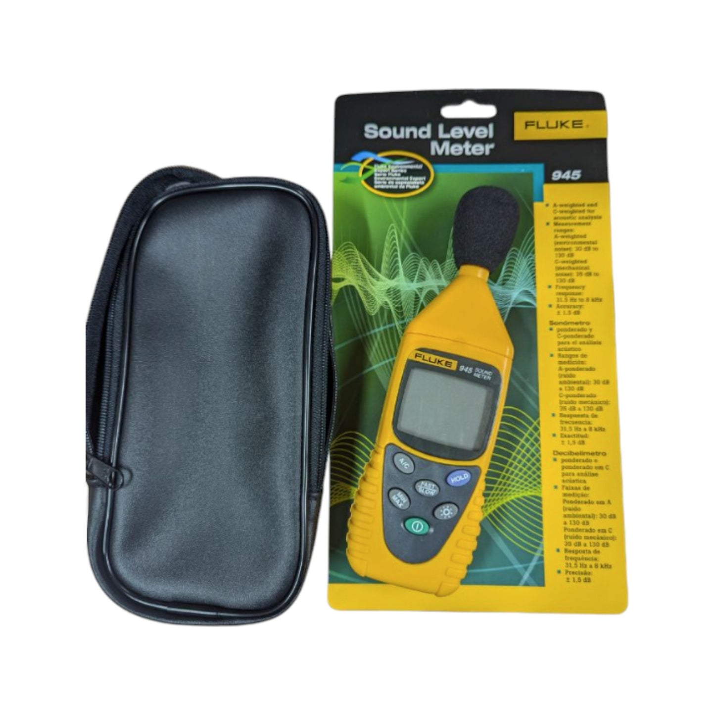 Fluke 945 sound level meter with a carrying case and packaging for professional sound measurement