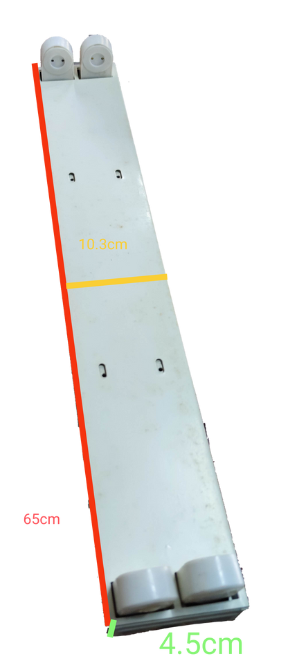 Focus 2x20W fluorescent light fixture with dimensions of 65cm by 10.3cm by 4.5cm