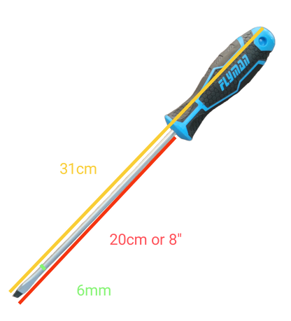 Flyman 8 Inch Screw Driver with Rubber Handle featuring a blue and black grip for comfortable use