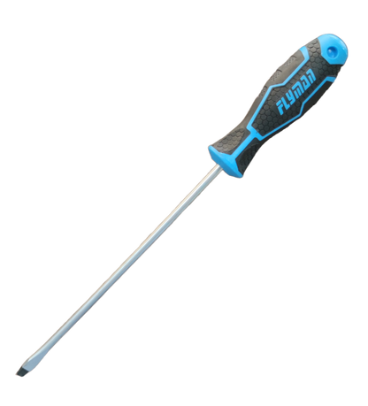 Flyman 8 Inch Screw Driver with Rubber Handle featuring blue and black ergonomic grip