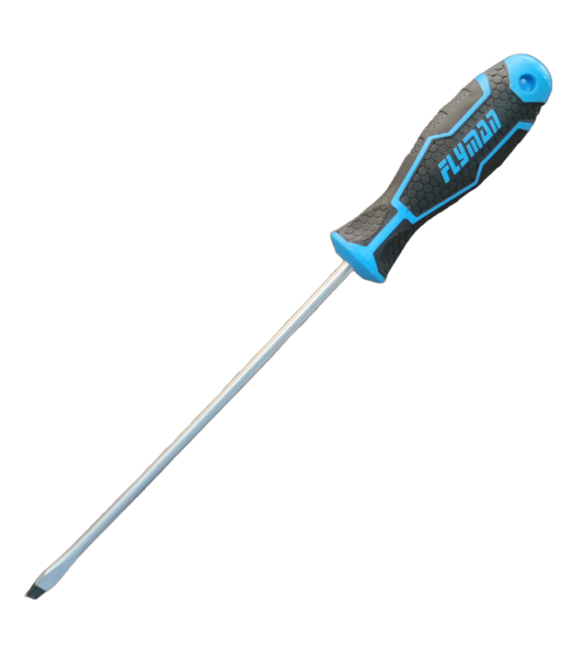 Flyman 8 Inch Screw Driver with Rubber Handle featuring blue and black ergonomic grip