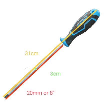 Flyman 8 Inch Screw Driver with Rubber Handle featuring blue and black grip and metal shaft
